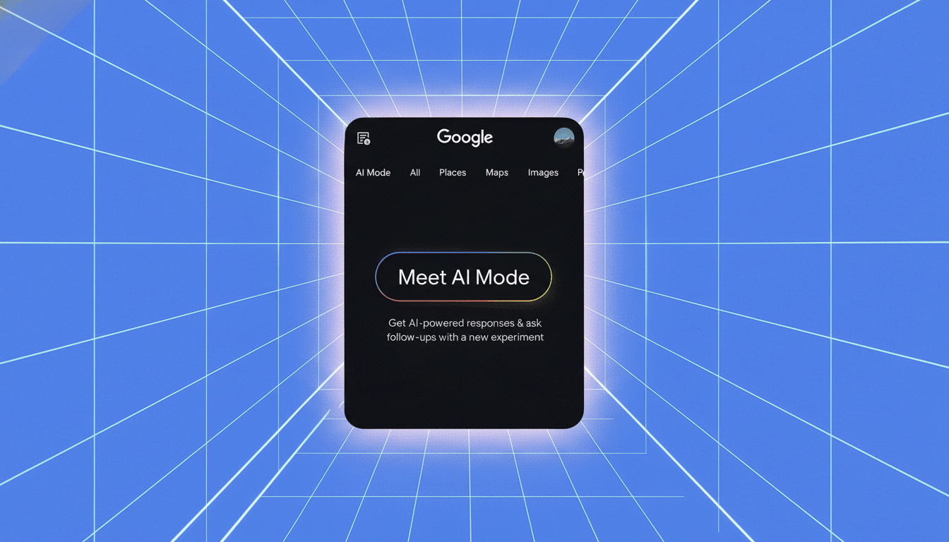 A Google search interface with Meet AI Mode displayed prominently, indicating AI -powered responses.