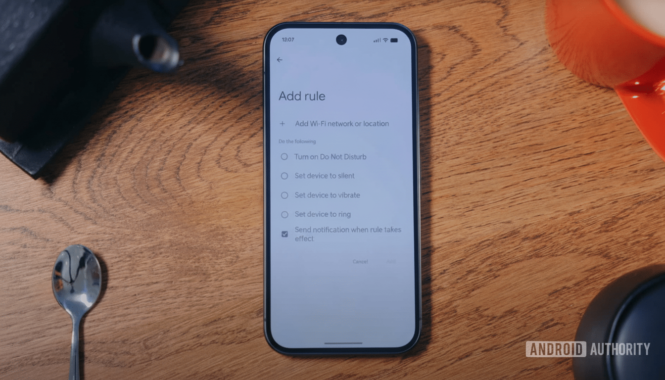 A smartphone displaying the Add rule screen for settings, with options like Add Wi- Fi network or location and Turn on Do Not Disturb.