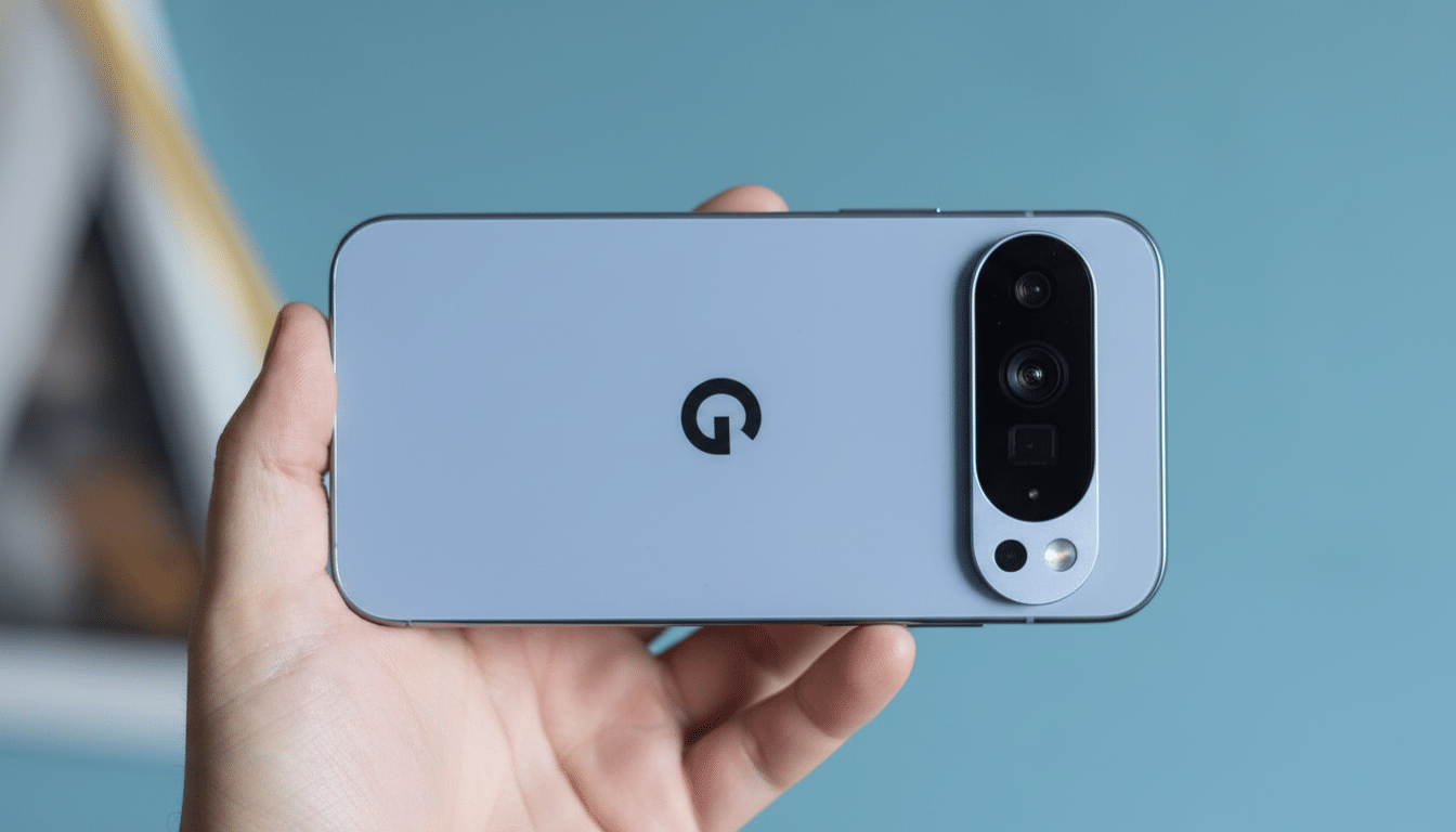 A hand holding a light blue Google Pixel phone horizontally , showcasing its camera bar and the Google logo.