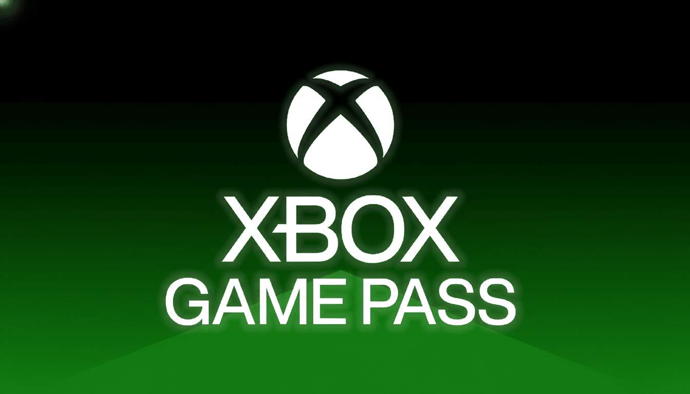 The Xbox Game Pass logo is displayed against a dark green and black gradient background, resized to a 16: 9 aspect ratio. The white Xbox sphere icon is at the top, followed by XBOX in large white letters, and GAME PASS in slightly smaller white letters below it .