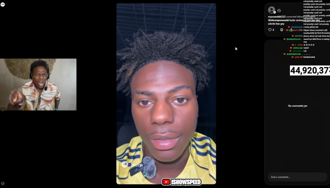 A screenshot of a live stream featuring a young man with dark, curly hair wearing a yellow and blue striped shirt, looking directly at the camera. In the bottom left corner, a smaller inset video shows another man with a similar appearance, wearing a patterned shirt, gesturing with his hand. The right side of the screen displays a chat log and a large number 44,920,373.