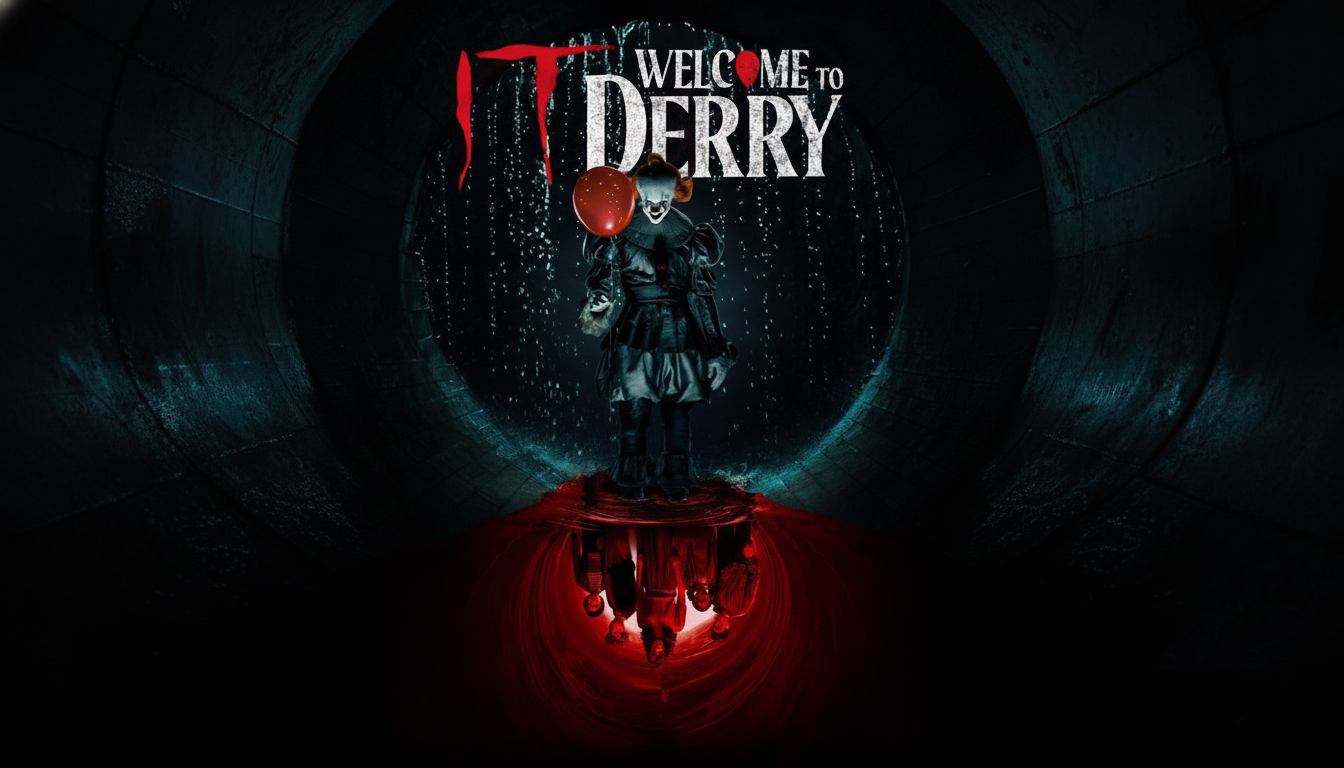 A 16:9 aspect ratio image of Pennywise the clown from It standing in a dark, circular sewer tunnel, holding a red balloon. The title WELCOME TO DERRY is above him, and a reflection of children is visible in the red water below.