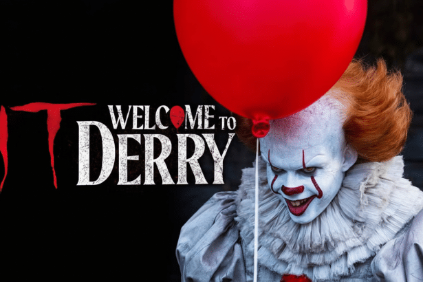 The Welcome to Derry promotional image for the IT series, featuring Penny wise the clown with a red balloon , resized to a 16: 9 aspect ratio.