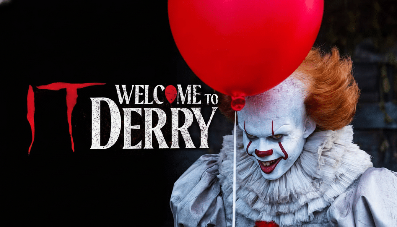 The Welcome to Derry promotional image for the IT series, featuring Penny wise the clown with a red balloon , resized to a 16: 9 aspect ratio.