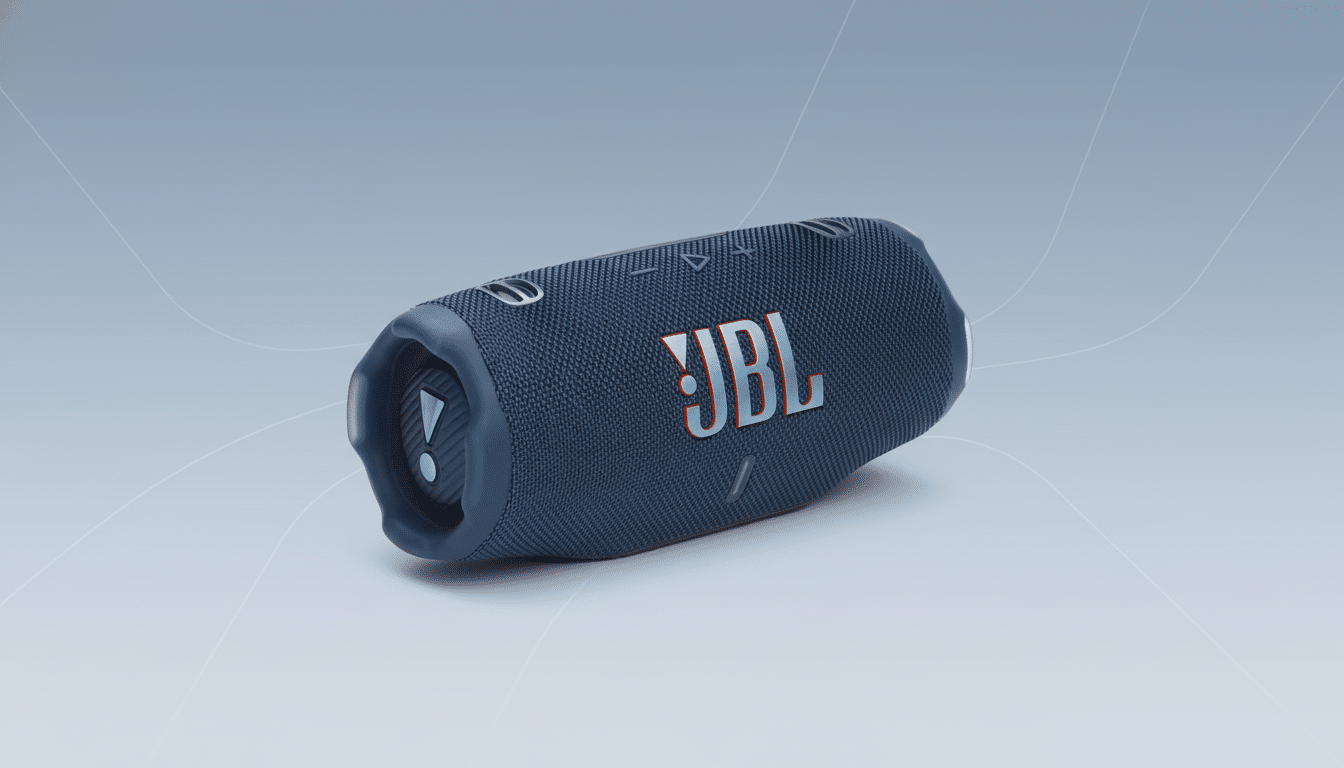 A blue JBL portable speaker rendered with a soft, gradient background and subtle geometric patterns.