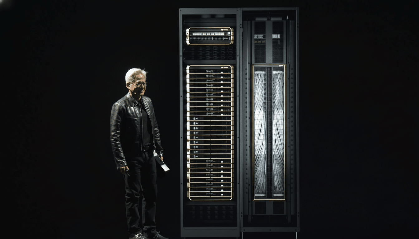 Jensen Huang, CEO of NVIDIA, stands next to a large server rack on a dark stage.