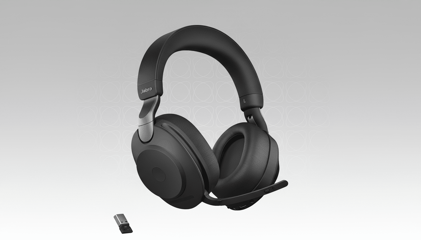 Black Jab ra E volve2 6 5 Flex headphones with a small USB dong le, presented against a professional light grey gradient background with subtle circular patterns .