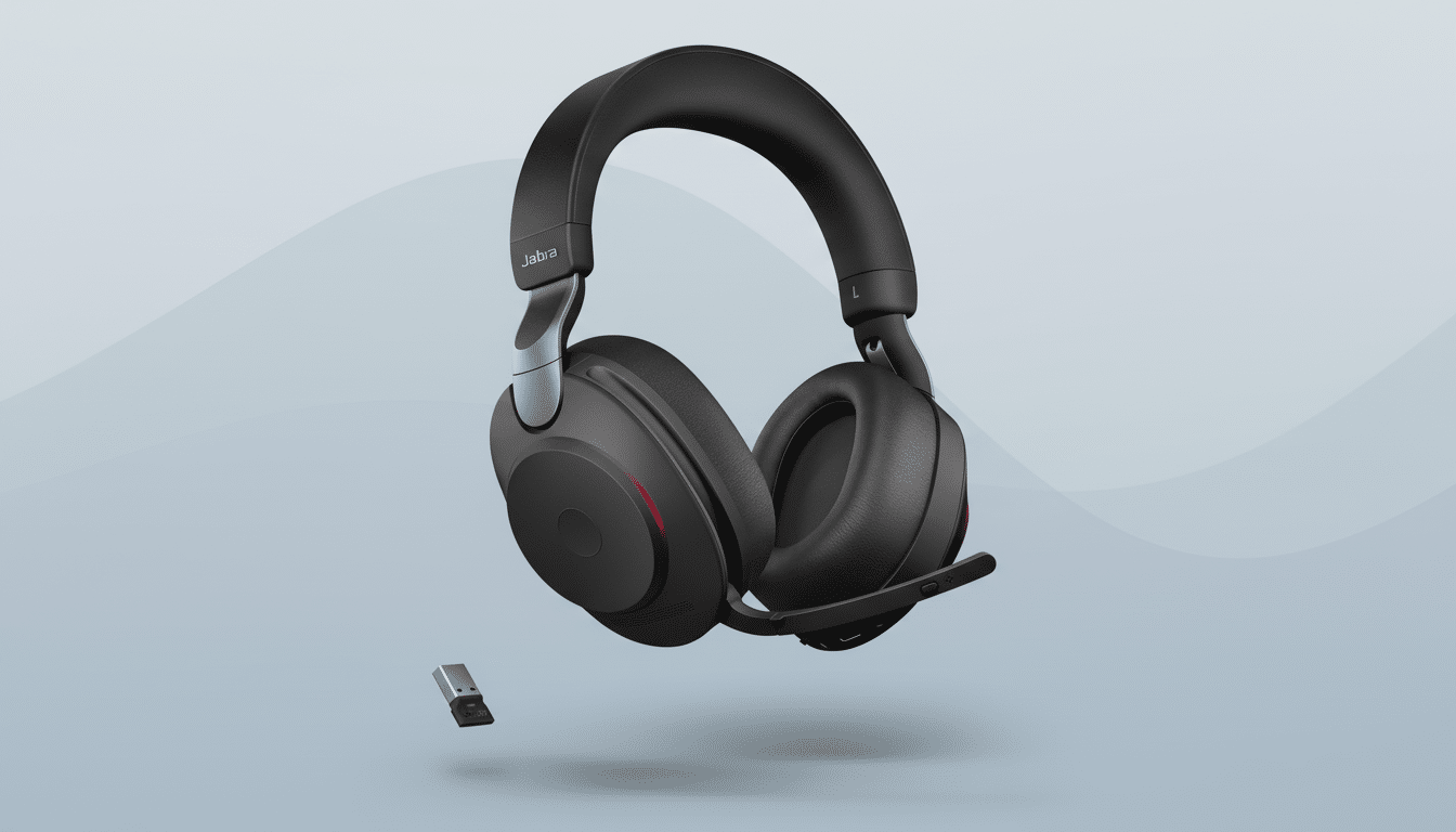 Black Jab ra wireless headphones with a boom mic and a USB dongle, floating against a professional light blue and grey wavy gradient background. Filename : jabra head set professional display .png