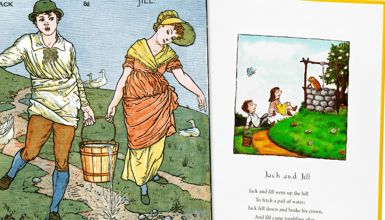 An open story book displaying two illustrations for the nursery rhyme Jack and Jill. On the left, a detailed drawing shows Jack and Jill with a spilled pail of water. On the right, a simpler illustration shows them sitting by a well .