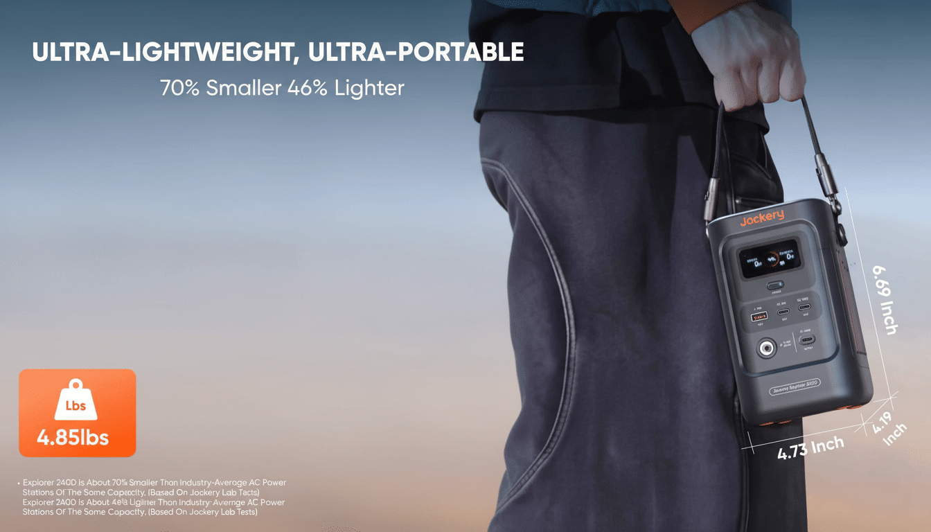 A person holding a Jackery Explorer 24 0D portable power station, highlighting its ultra- lightweight and ultra -portable features, being 70% smaller and 4 6% lighter at 4.8 5 lbs, with dimensions shown as 6.6 9 inches tall , 4. 73 inches wide , and 4 .19 inches deep.