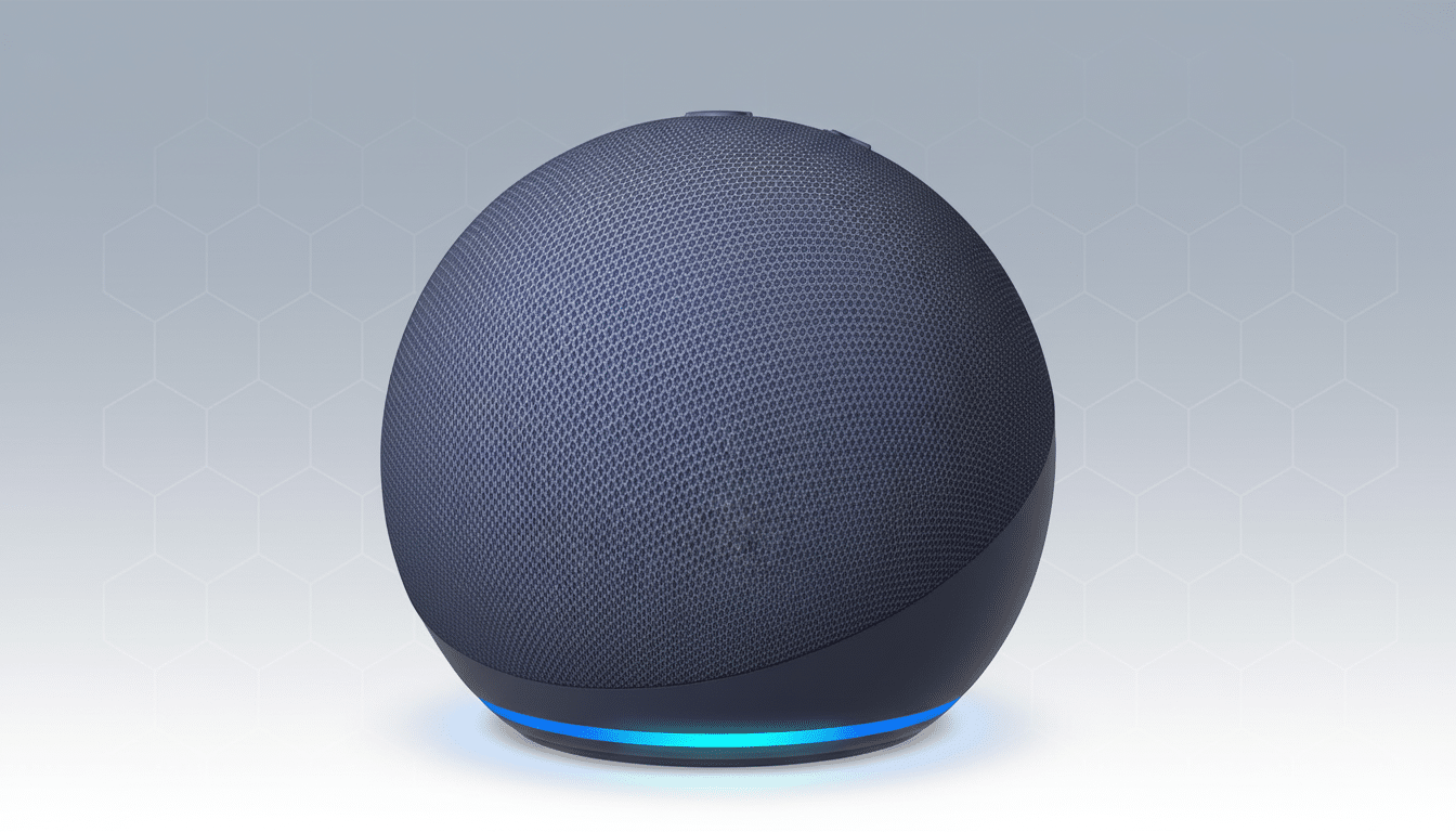 A dark grey spherical smart speaker with a glowing blue light ring at its base, set against a professional light grey background with a subtle hexagonal pattern.