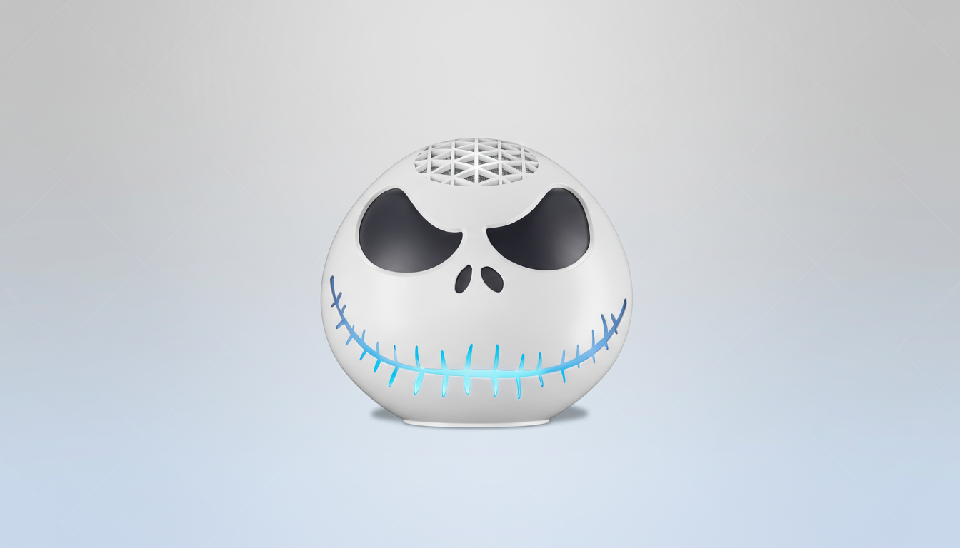 A white, spherical speaker designed to resemble Jack Skellingtons head, with black eye sockets and nose, and a blue glowing stitched mouth, set against a professional flat design background with soft patterns and gradients.