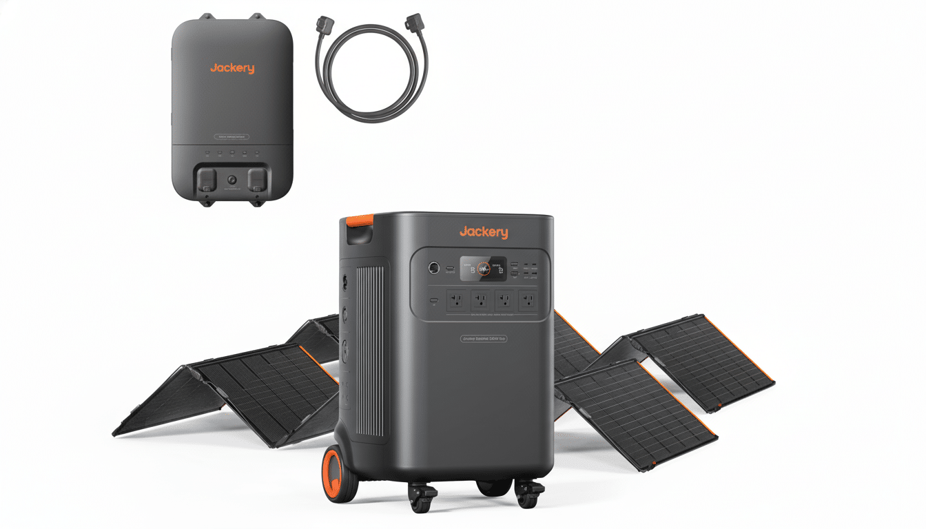 A professional 16:9 image showing a Jackery portable power station with solar panels and a charger against a clean white background.