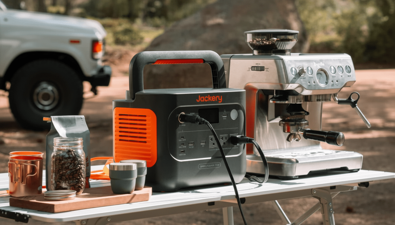 A Jack ery portable power station and a Breville espresso machine sit on a white table outdoors, with a white vehicle and trees in the background. Coffee beans, cups , and mugs are also on the table .