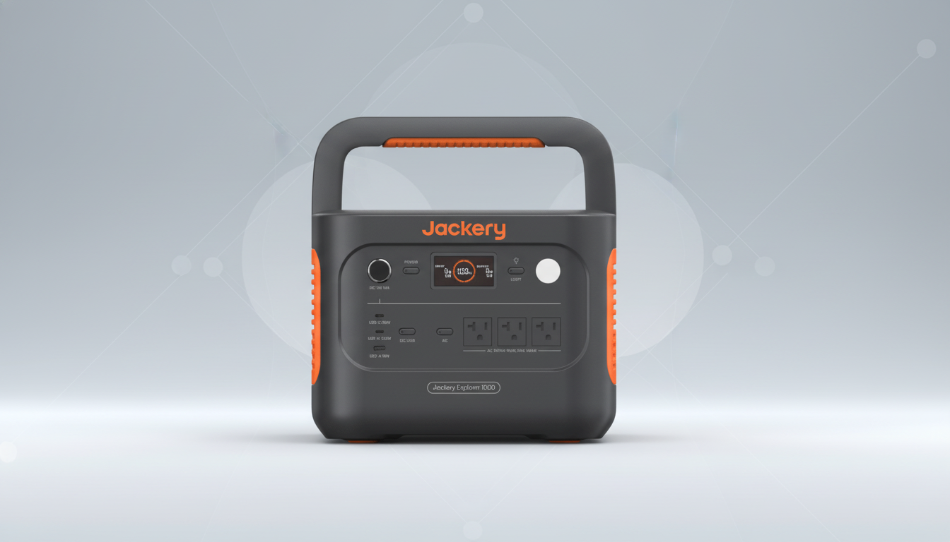A Jackery Explorer 1000 portable power station with a dark gray body and orange accents, featuring multiple power outlets and a digital display, set against a professional flat design background with soft patterns.