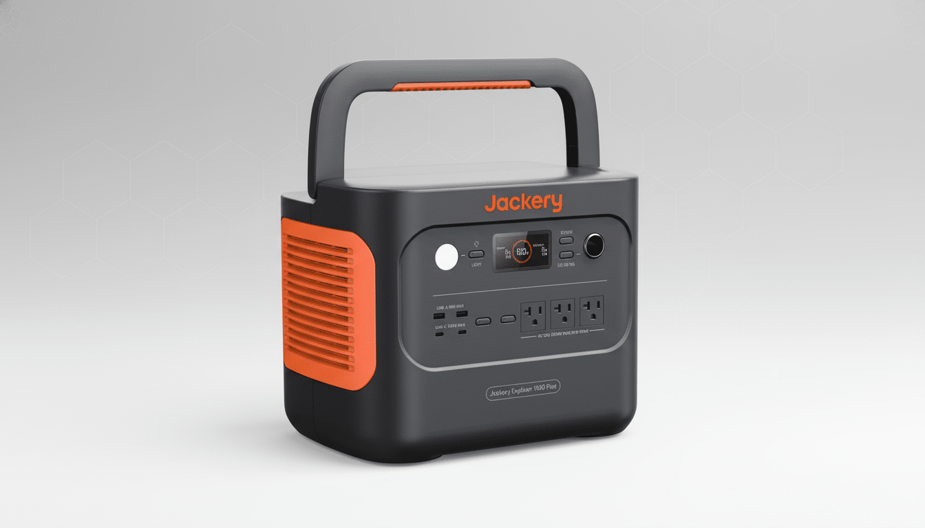 A professional , enhanced image of a Jackery Explorer 1000 Plus portable power station with a modern , soft grey background featuring subtle hexagonal patterns. Filename : jackery explorer10 00plus professional1 69. png