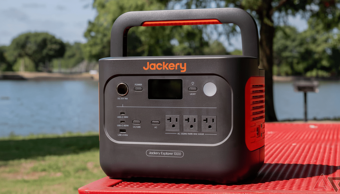A black and orange Jackery Explorer 10 00 portable power station with multiple outlets and ports, sitting on a red picnic table outdoors with a lake and trees in the background.