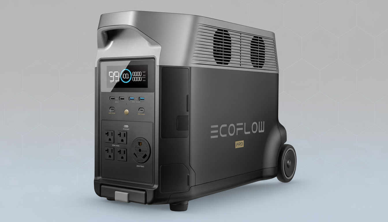 A professional image of an EcoFlow Pro portable power station, resized to a 16:9 aspect ratio, set against a subtle grey gradient background with a faint hexagonal pattern.