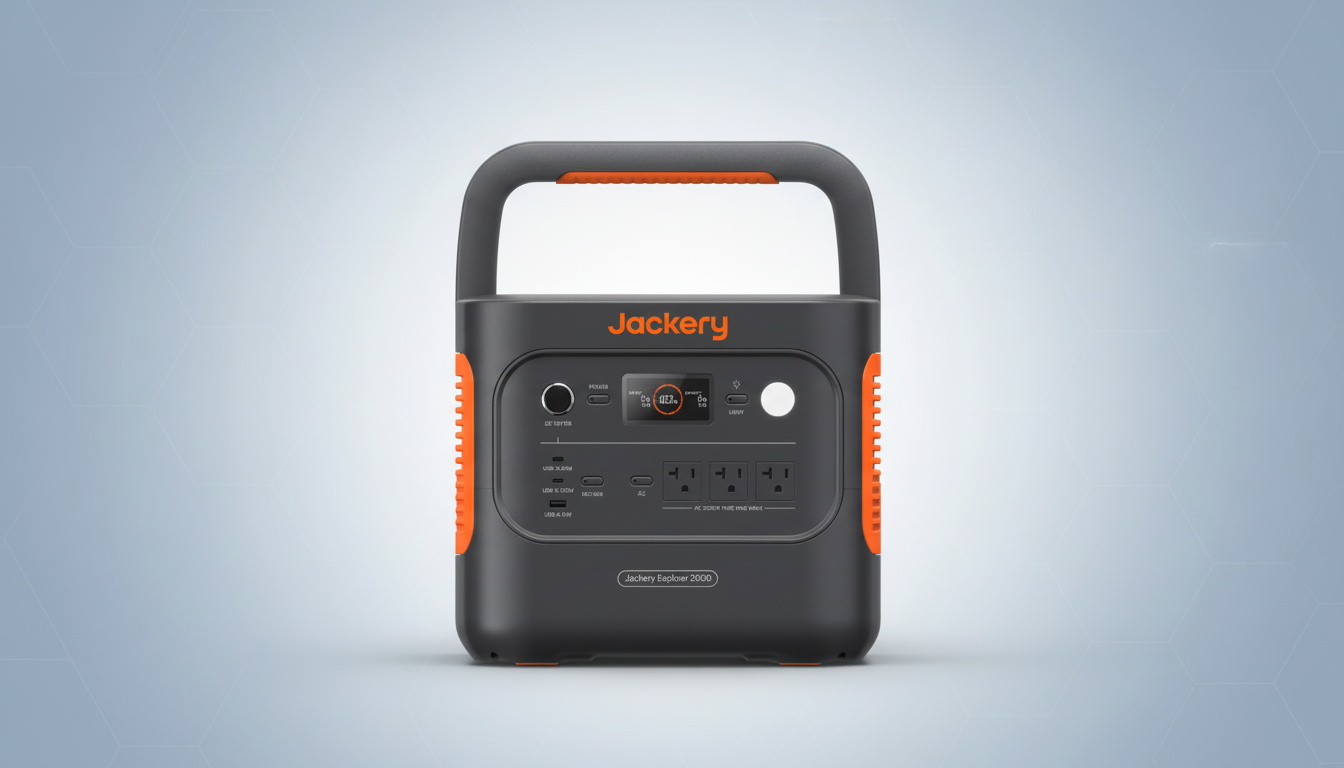 A Jackery Explorer 2000 portable power station with orange accents on a professional flat design background with soft patterns.