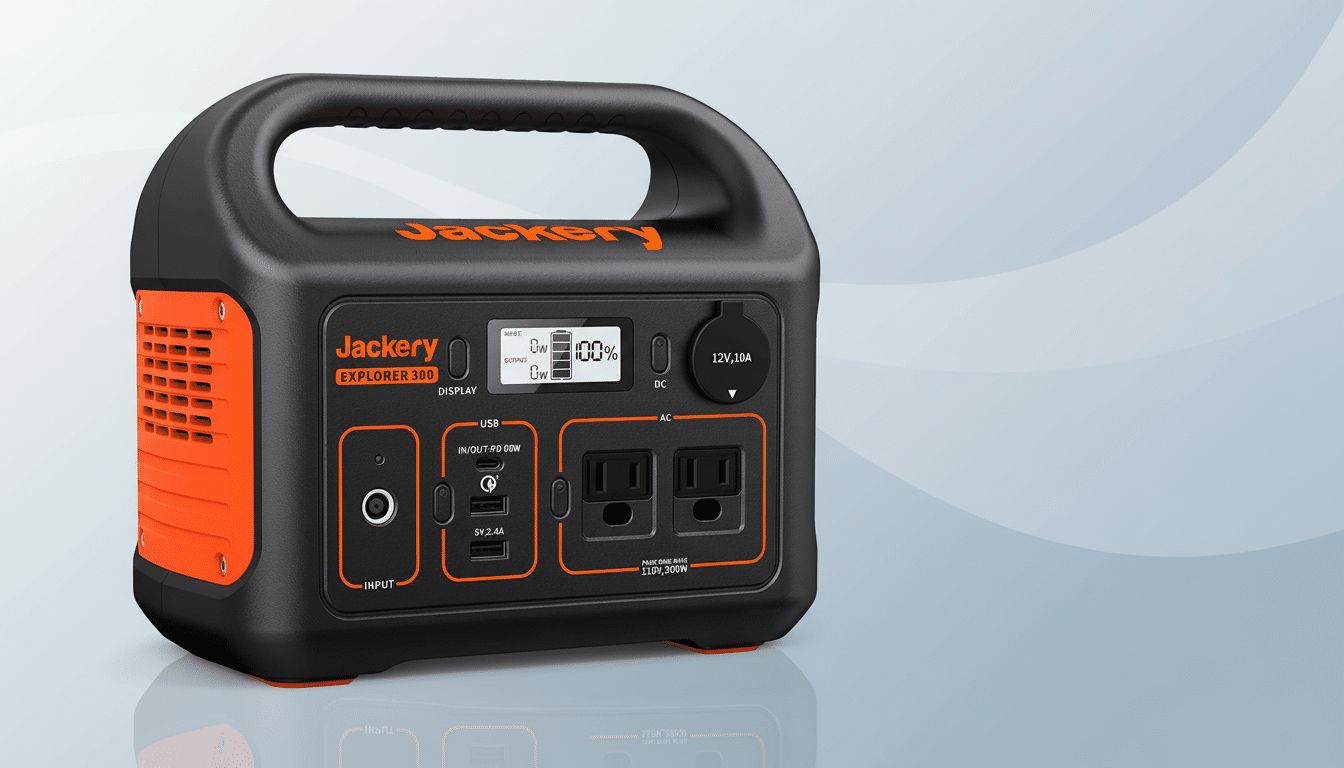 A professional image of a Jackery Explorer 300 portable power station, black with orange accents, against a clean , light grey gradient background.