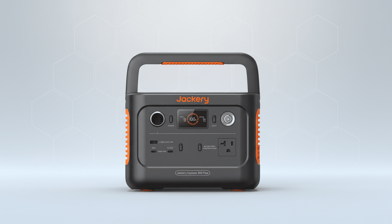 Jackery Explorer 30 0 Plus portable power station with orange accents on a professional flat design background with soft hexagonal patterns and a subtle gradient. Filename : jackery explorer30 0plus 169 . png
