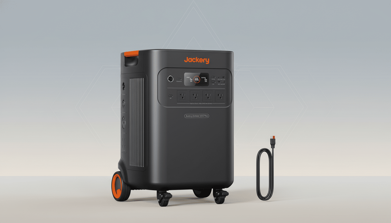 Jack ery Explorer 5 000 Plus portable power station with an attached charging cable, presented on a subtle gradient background with geometric patterns. Filename : jackery explorer50 00plus power station.png