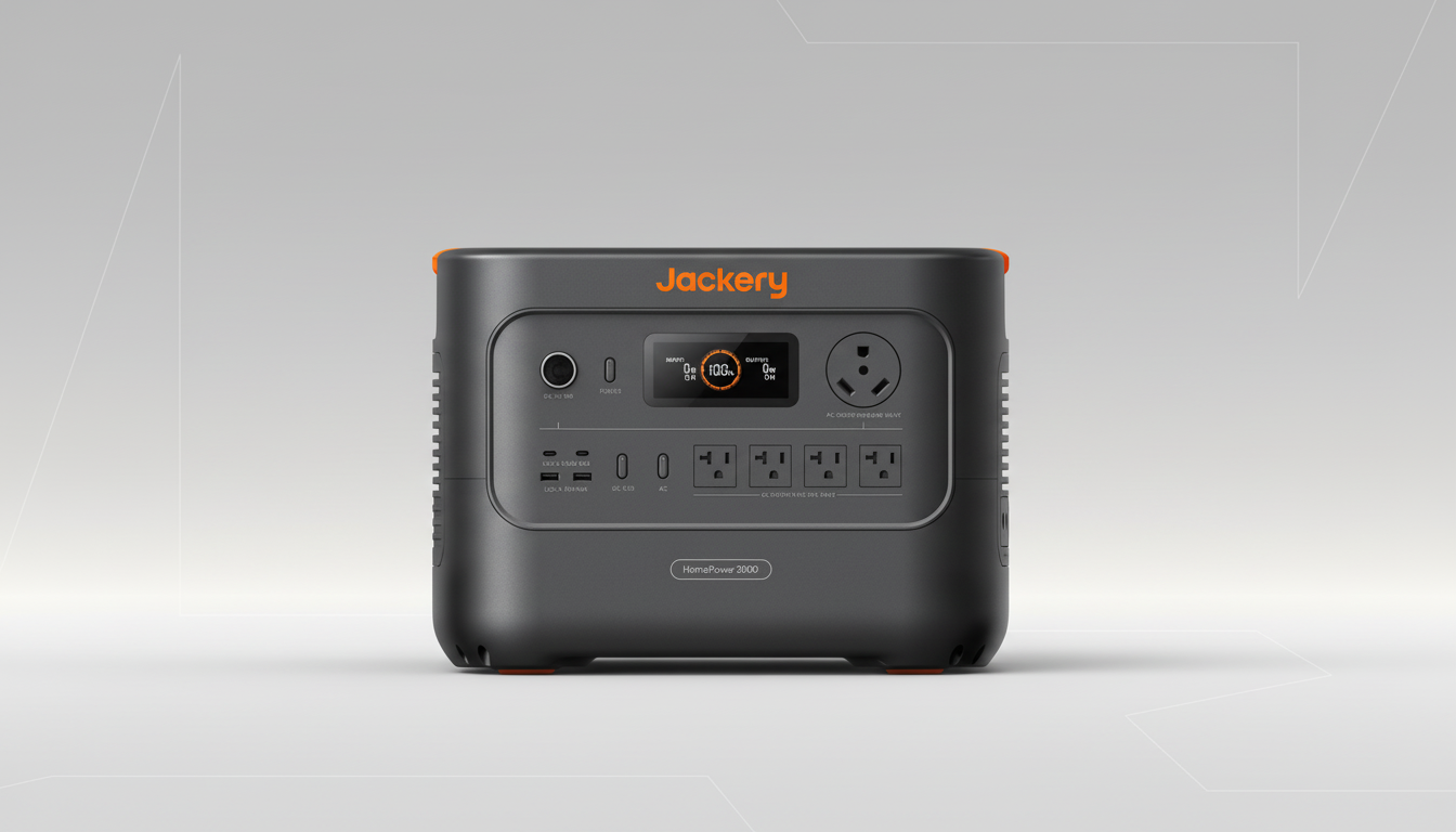 A Jackery HomePower 3000 portable power station on a professional flat design background with soft patterns.