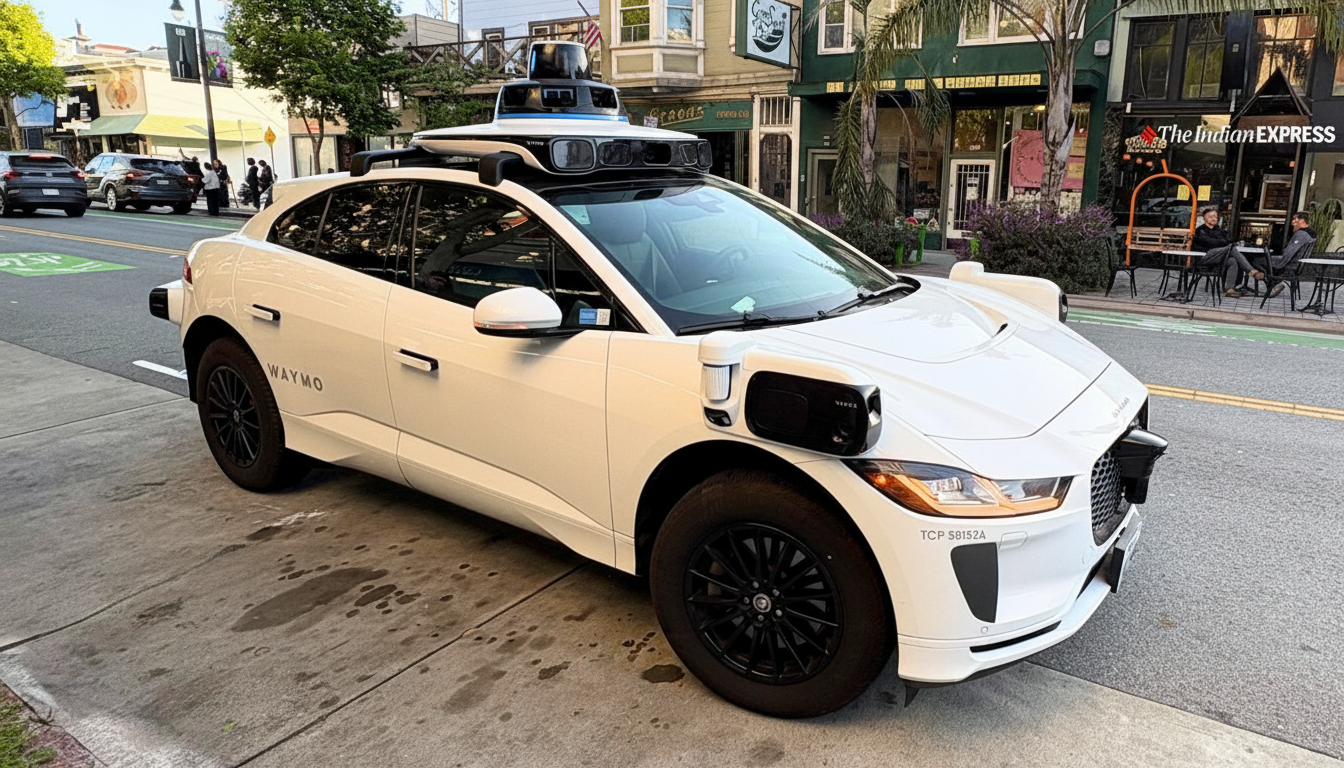 A white Waymo self-driving car parked on a city street with buildings and people in the background.