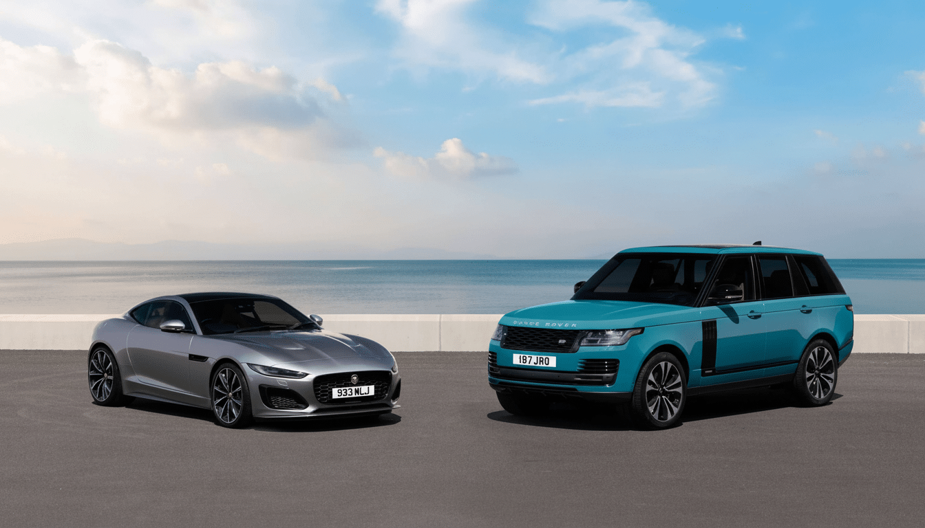 A silver Jaguar F-Type coupe and a teal Range Rover SUV parked side-by -side on asphalt with an ocean and sky background.