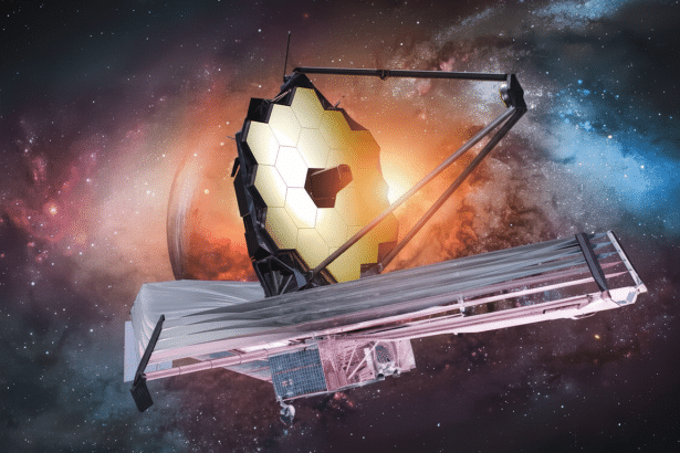 A professional image of the James Webb Space Telescope with its golden hexagonal mirrors and sun shield, set against a vibrant cosmic background of st