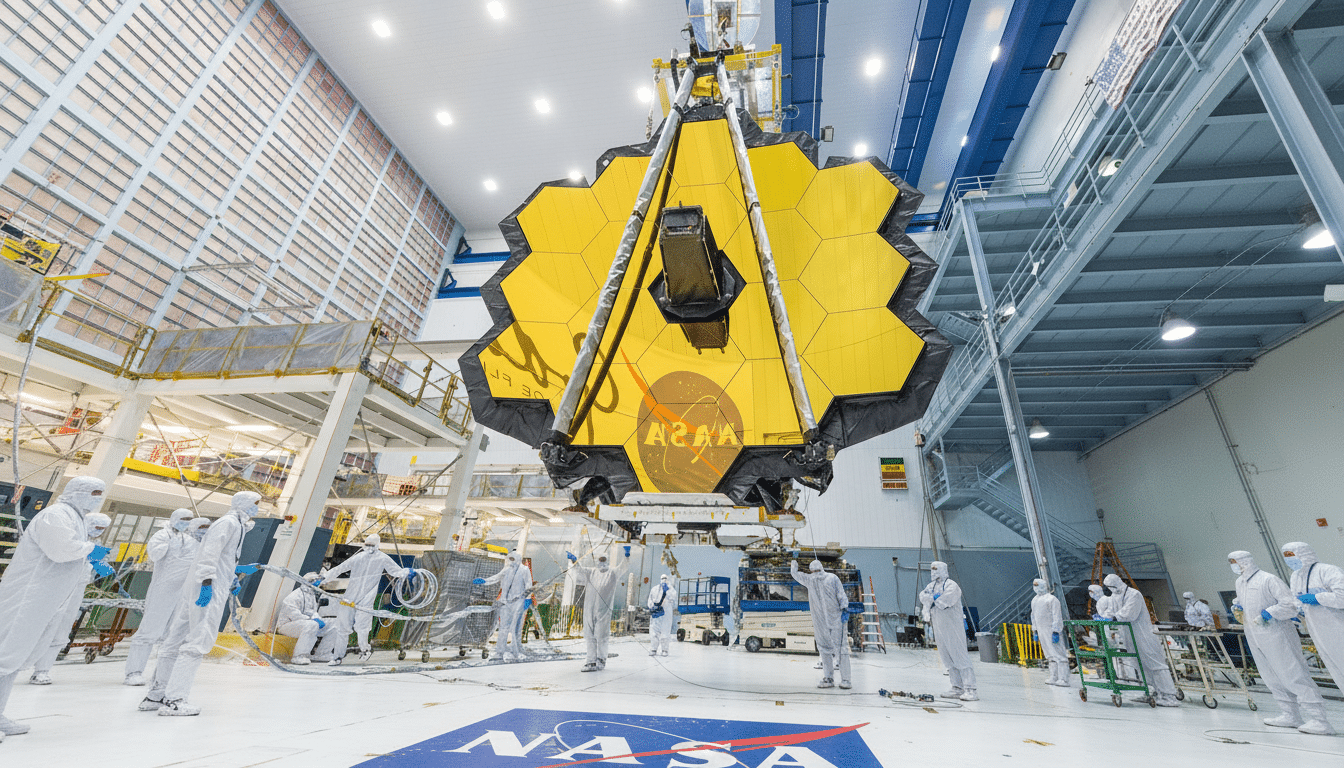 A large, hexagonal golden mirror assembly of the James Webb Space Telescope is being worked on by numerous technicians in clean suits inside a spaciou
