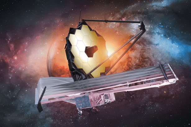The James Webb Space Telescope with its gold hexagonal mirrors and sun shield, set against a vibrant space background of swirling galaxies and a dista