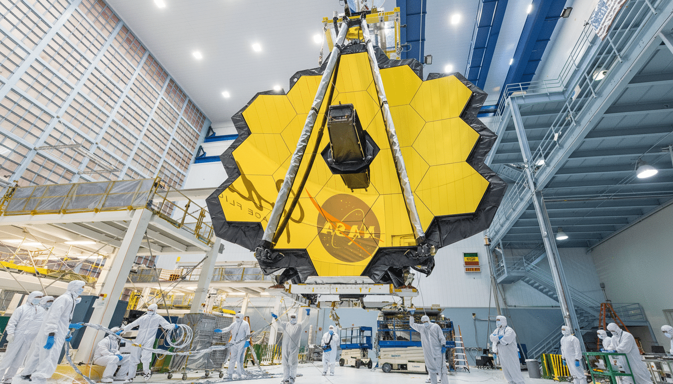 A large, hexagonal gold- colored mirror of the James Webb Space Telescope is being assembled by engineers in a clean room.