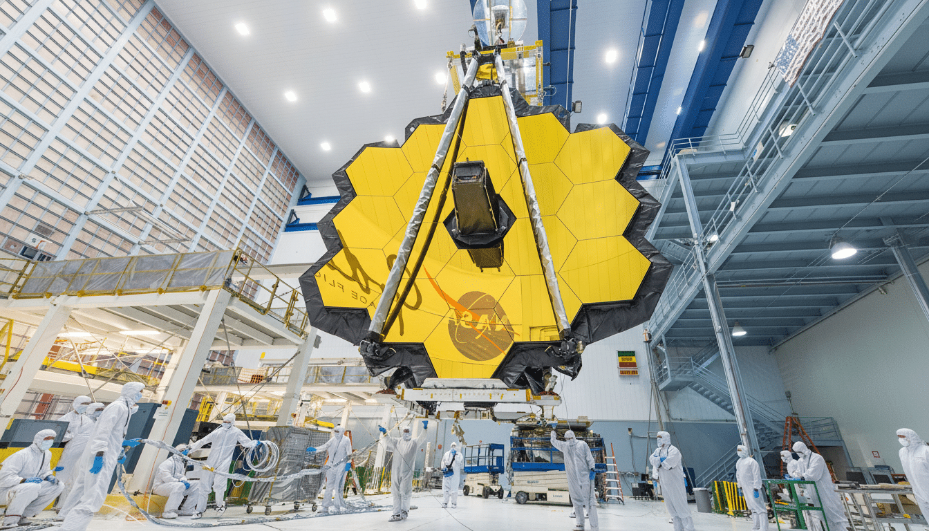 A large, hexagonal gold - colored mirror of the James Webb Space Telescope is being assembled by engineers in a clean room.