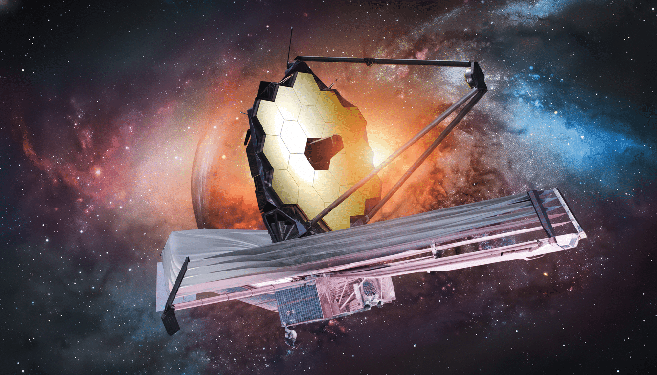 The James Webb Space Telescope with its gold hexagonal mirror array and silver sun shield, set against a vibrant cosmic background of swirling nebulae and distant stars, resized to a 1 6:9 aspect ratio.
