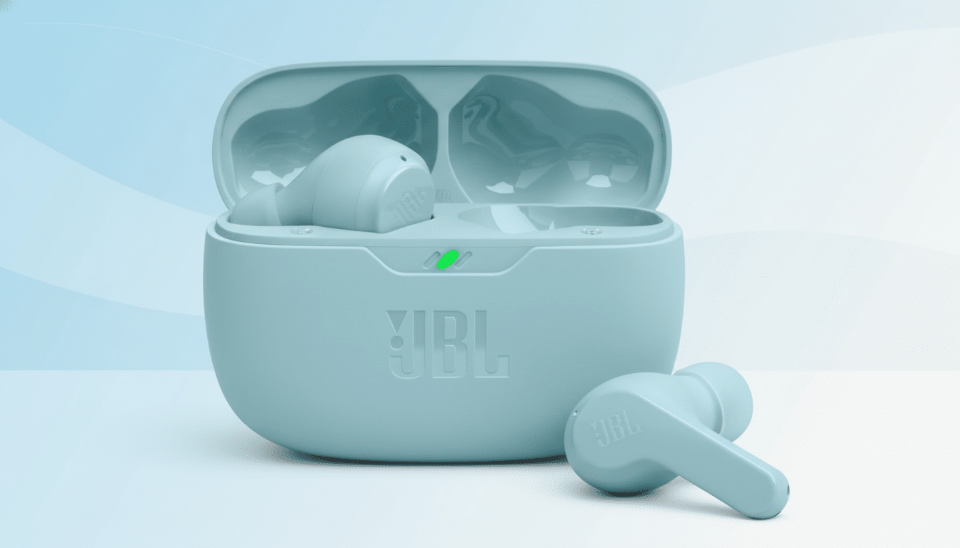 A pair of light blue JBL earbuds , one resting in its open charging case with a green indicator light, and the other lying next to it. The background is a professional flat design with soft blue and white gradients and subtle abstract patterns. Filename : jbl earbudsprofessional .png