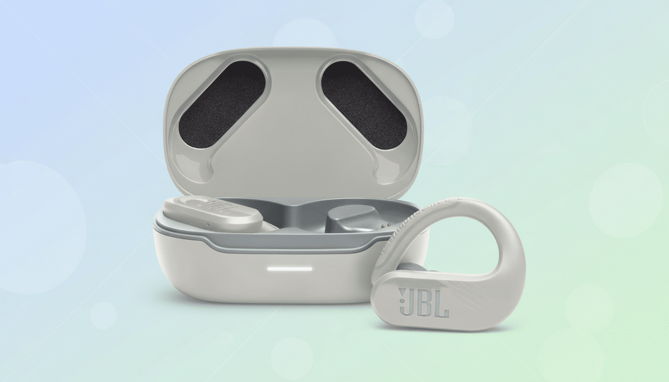 A professional 16:9 image of JBL Endurance Peak 3 earbuds and their charging case. The earbuds and case are light gray, with the JBL logo visible on one ear bud. The background is a soft gradient of light blue and green with subtle circular patterns. Filename : jbl endurancepeak 3ear buds. png