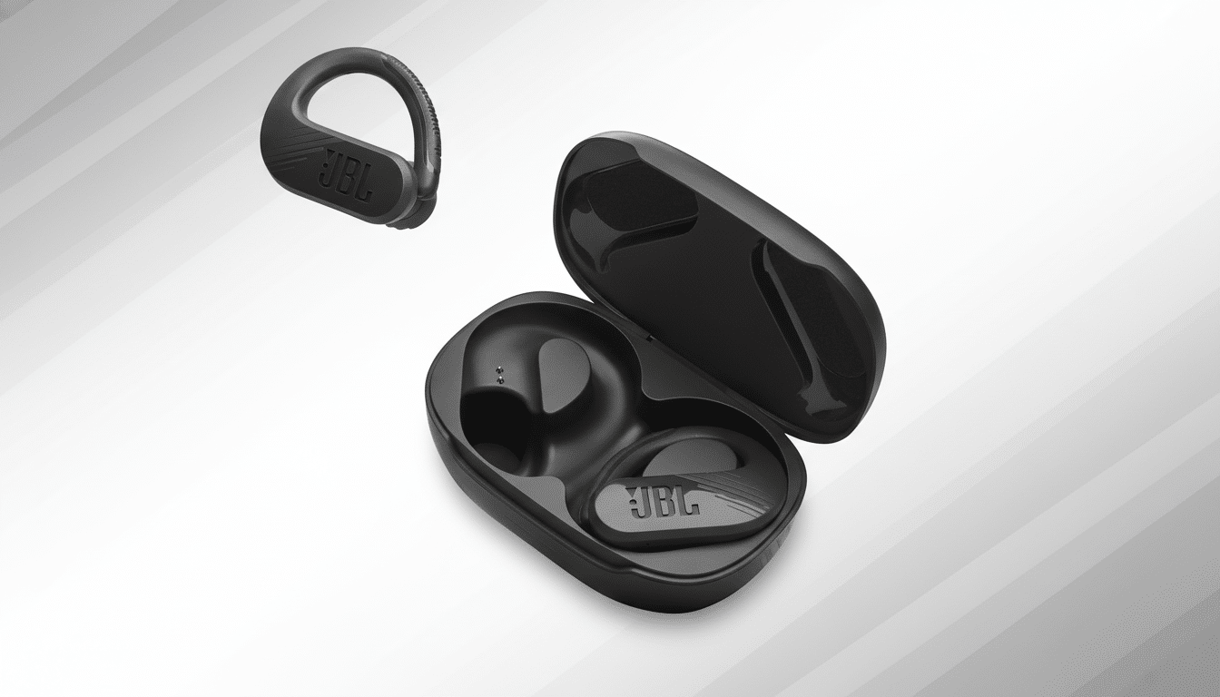 Black JBL wireless earbuds and their open charging case, set against a professional soft grey gradient background.