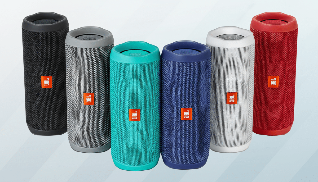 Six JBL Flip 4 portable Bluetooth speakers in various colors, including black, gray, teal, blue, white, and red, arranged in a staggered line on a sub