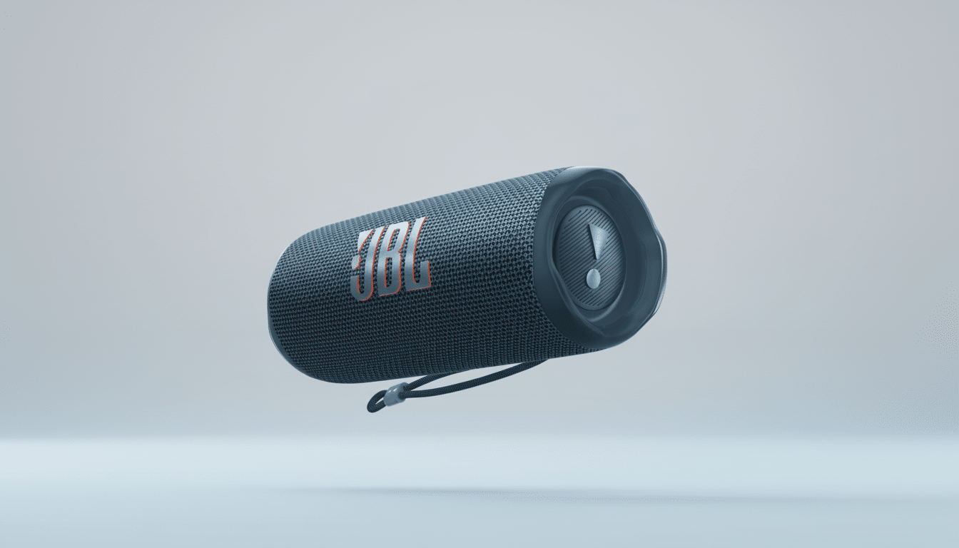 A JBL Flip 6 portable Bluetooth speaker in dark blue, with its logo and an exclamation mark symbol visible, set against a soft, light gray gradient ba