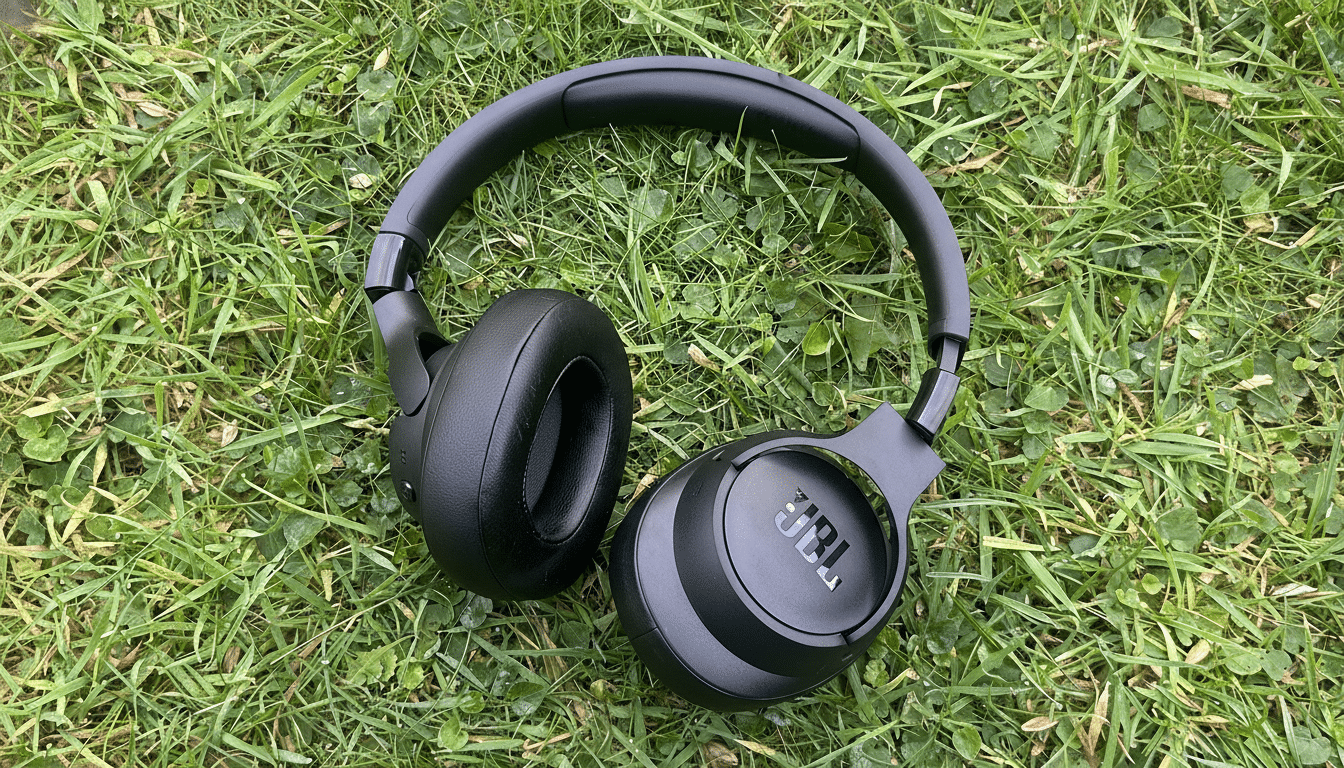 Black JBL over -ear headphones resting on a vibrant green grass background .