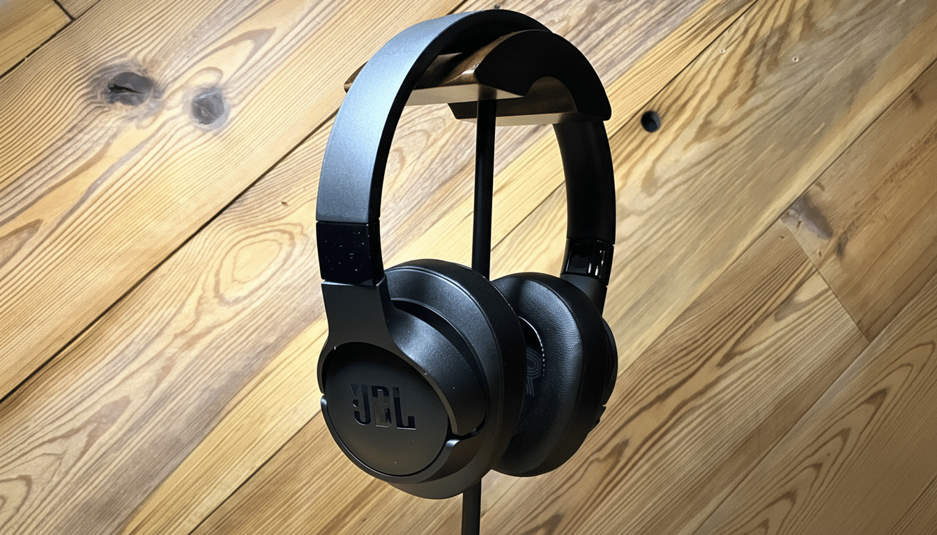 Black JBL over -ear headphones on a wooden stand against a wooden panel background. Filename : jbl headphoneswooden background .png