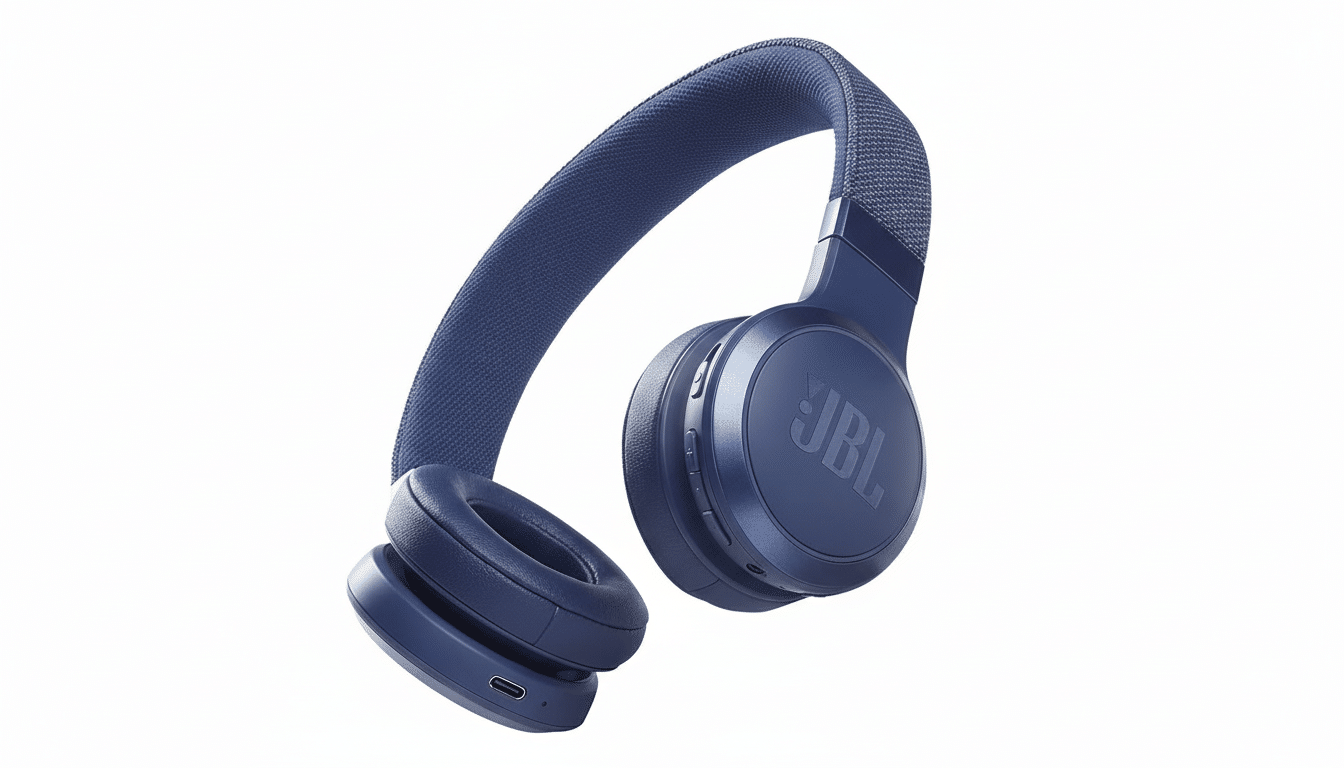 A pair of navy blue JBL over -ear headphones, with the JBL logo visible on the e arcup, presented on a clean white background.