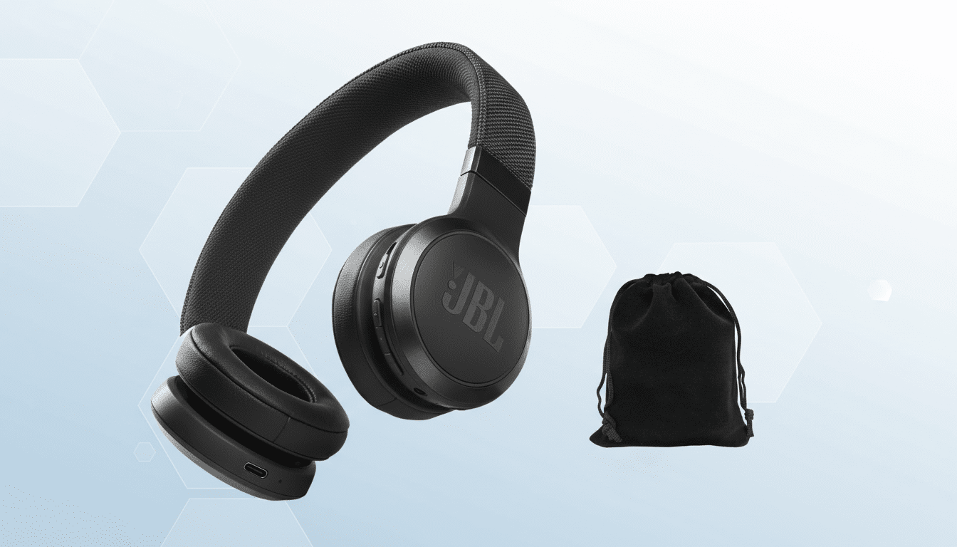 Black JBL wireless headphones with a black drawstring pouch on a light blue gradient background with subtle hexagonal patterns. Filename : jbl headphonesp ouchprofessional . png