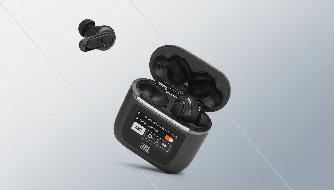 A pair of black JBL earbuds, one in its open charging case with a digital display showing AMBIENT SOUND and ANC, and the other earbud floating above and to the left, all set against a professional flat design background with soft patterns.