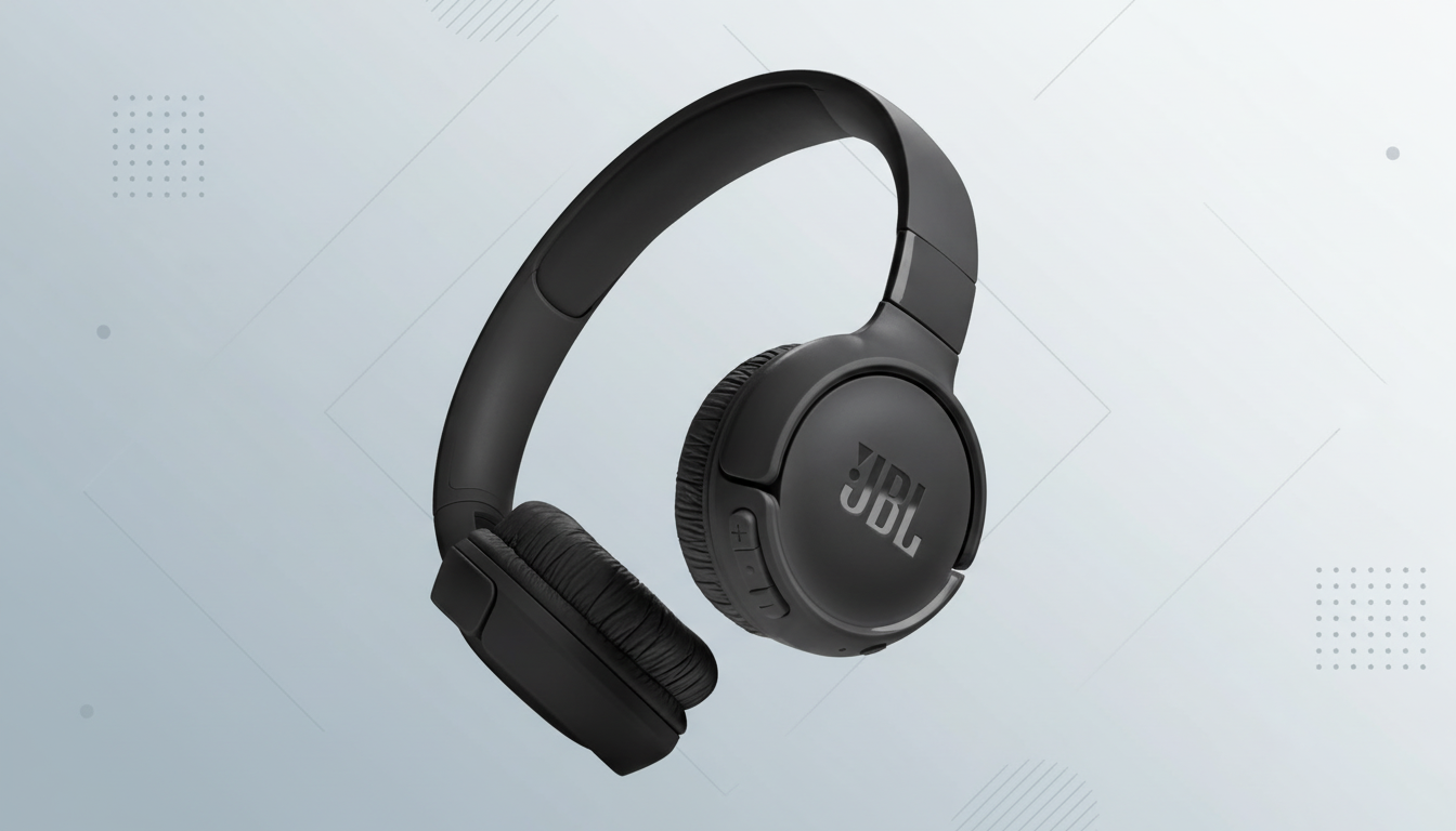 A pair of black JBL headphones on a professional flat design background with soft patterns and gradients, resized to a 16:9 aspect ratio.