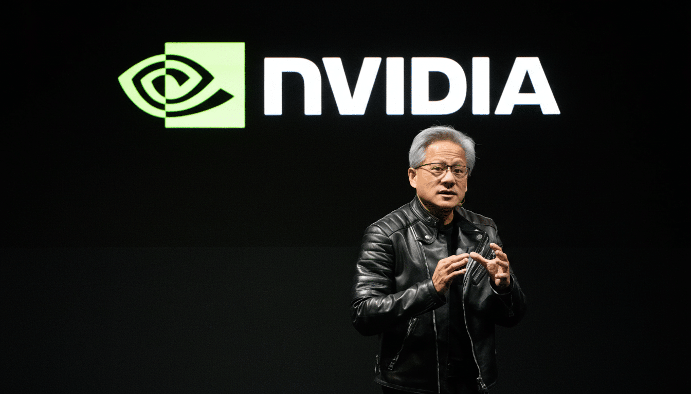 Jensen Huang, CEO of Nvidia, giving a presentation with the Nvidia logo prominently displayed in the background.