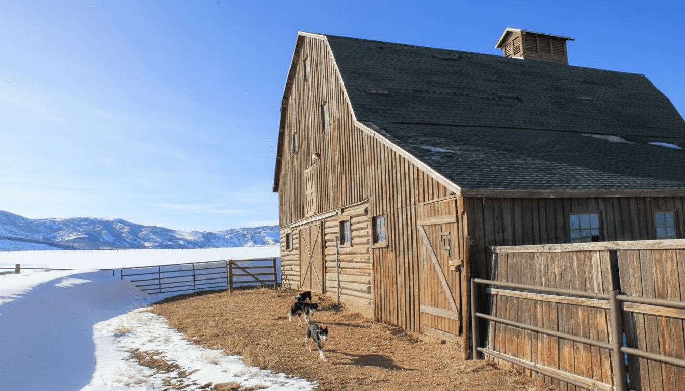 A large , rustic wooden barn with a dark green roof stands on a slight incline . In the foreground, two dogs are running on a dirt path. To the left, a snow-covered field stretches towards distant mountains under a clear blue sky . A metal fence separates the path from the snowy field.