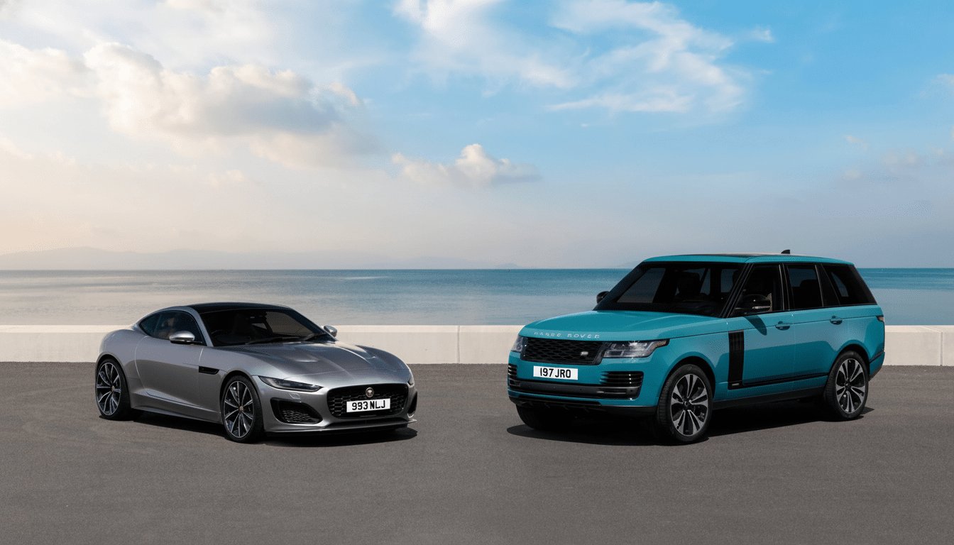 A silver Jaguar F-Type and a teal Range Rover parked side-by- side on asphalt , with an ocean and sky background .