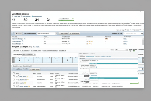 Screenshot of a job requis itions software interface, showing listings , candidate details , and navigation options. Filename : jobrequis itionsinterface .png